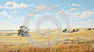 Vibrant Pastel Painting Of Ranch Houses On A Wheat Field photo