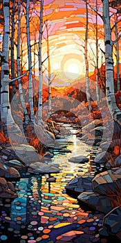 Hyper Detailed Sunset Landscape With Aspen Trees And Creek