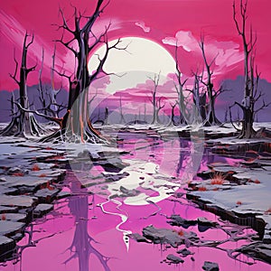 Hyper-detailed Surrealistic Cartoon Pink Sky And Icy Water In Apocalyptic Landscape