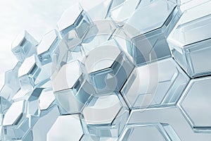 A hyper-modern architectural facade designed entirely from tessellating hexagonal glass panels. The photo