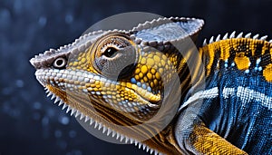 The hyper-realism of Yellow and Blue Chameleon pure dark background