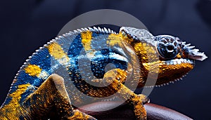 The hyper-realism of Yellow and Blue Chameleon pure dark background