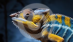 The hyper-realism of Yellow and Blue Chameleon pure dark background