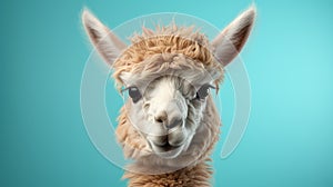 Hyper-realistic Alpaca Portrait On Blue Background: Minimalist Photography