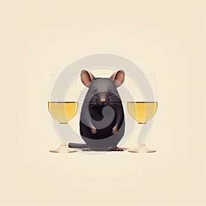 Hyper-realistic Animal Illustration: Black Mouse Drinking Wine