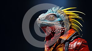 Hyper realistic anthropomorphic colourful lizard iguana in stylish red biker jacket