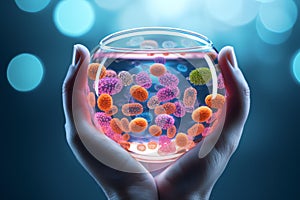 hyper realistic bacterias in petri cup holding hand of lab scientist health care background