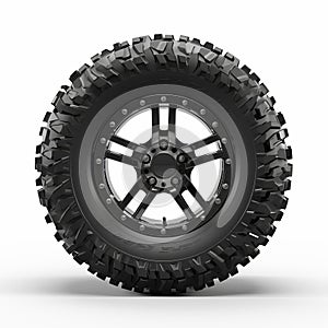 Hyper-realistic Black 4wd Tire With Rims On White Background