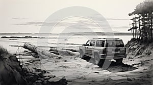 Hyper-realistic Black And White Drawing Of A Jeep Against Ocean