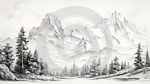 Hyper-realistic Black And White Mountain Landscape Drawing With 3 Houses