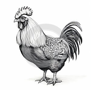Hyper-realistic Black And White Rooster Drawing