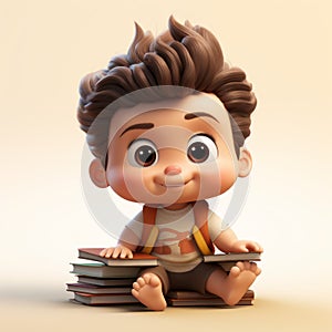 Hyper-realistic Cartoon Baby Sitting On Pile Of Books