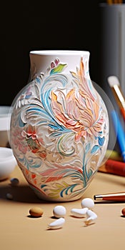 Hyper-realistic Ceramic Vase With Floral Pattern And Glitters