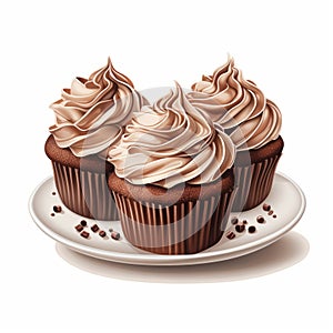 Hyper-realistic Chocolate Frosted Cupcakes Illustration On White Background