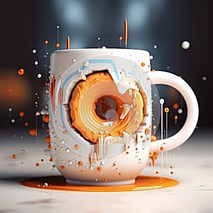 Hyper-realistic Coffee Cup With Orange Drips - Photobashing Art