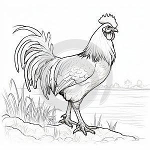 Rooster Coloring Page Vector Illustration On Grass And Lake Background photo