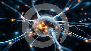 Hyper-realistic 3D render of an AI neural network with glowing interconnected nodes in dark space