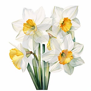 Hyper-realistic Daffodil Watercolor Painting On White Background