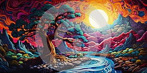 A hyper-realistic depiction of nature in the hydrodip style, where trees, mountains, and rivers are intricately painted