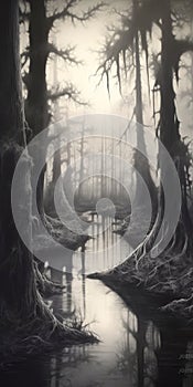 Hyper-realistic Digital Illustration Of A Black And White Swamp In Antebellum Gothic Style