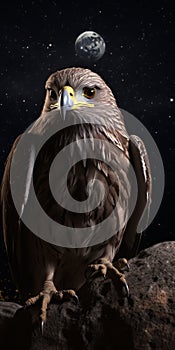 Hyper-realistic Eagle Illustration With Moon In Dark Gold And Light Brown