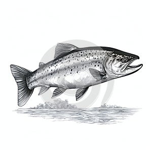 Hyper-realistic Etching Illustration Of A Jumping Trout In Color And Black And White