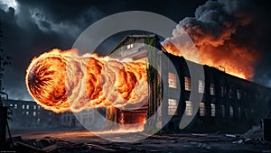 Hyper realistic fireball exploding from an abandoned factory