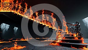 Hyper-realistic Flames Consuming a Surreal Floating Staircase photo