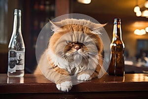 Hyper-realistic gloomy ginger cat at a bar counter with two empty bottles of beer, symbolizing the pressures of daily life.