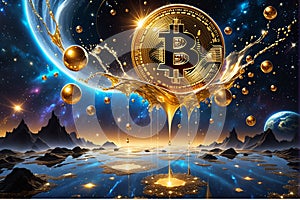 Hyper-realistic illustration of a bitcoin in space melting on planet earth , trading concept, market divergence photo