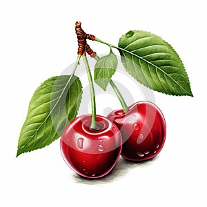 Hyper-realistic Illustration Of Cherries With Leaves On White Background