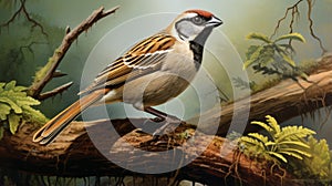 Hyper-realistic Illustration Of A Spectacled Sparrow Perched On A Branch