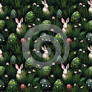 hyper realistic Ilustrated pattern with easter eggs and rabbits.
