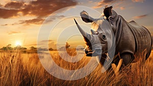 Hyper-realistic Image Of Rhino Grazing In Field At Sunset photo