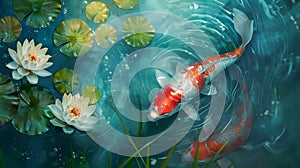 Hyper-Realistic Koi Fish Illustration in a Pond