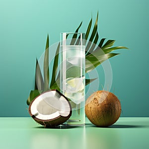 Hyper-realistic Liquid And Coconut Pictogram On Green Blue Background