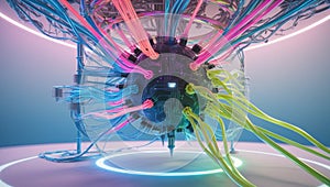 A hyper-realistic, lush, surreal raytraced render of a 3D digital networking system,