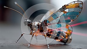 macro shot of robotic butterfly dodging lasers in cyberpunk cityscape photo