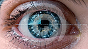 macro human eye with biometric iris scan and digital binary code data overlay