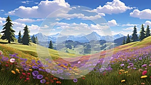 Hyper-realistic Mountain Pasture With Purple Flowers photo