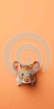 Hyper-realistic Mouse Peeking In Minimalistic Orange Frame photo