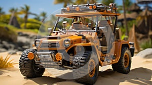 Hyper-realistic Orange Toy Off Road Vehicle On Beach
