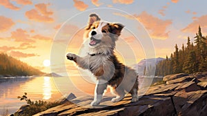 Nostalgic Children's Book Illustration: Shetland Sheepdog Puppy Pointing At Sunset