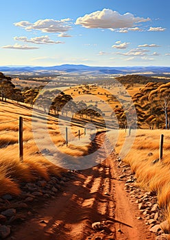 Hyper realistic painting of a rural road in the savannah with yellow grasses and small trees