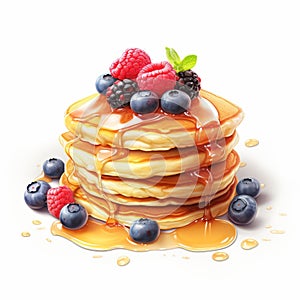 Hyper-realistic Pancakes With Syrup And Berries On White Background photo