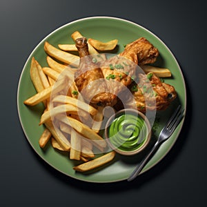 Hyper-realistic Plate Of Chicken Wings And Fries With Green Dip