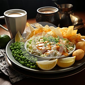 Hyper-realistic Plate Of Ramen And Chips With Mushy Peas