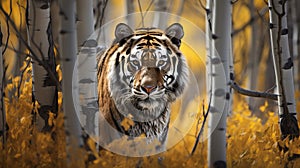 Hyper Realistic Portrait Of A Tiger In Autumn Forest
