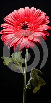 Hyper Realistic Red Gerbera Flower With Stem On Black Background