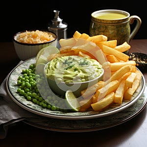 Hyper-realistic Rendering Of Soup And Chips With Mushy Peas